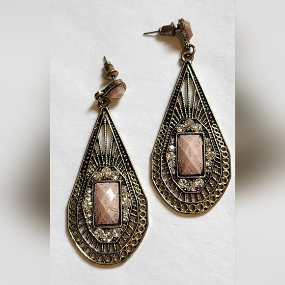 Boho Bronze And Pink Stone Teardrop Earrings - Picture 3 of 12